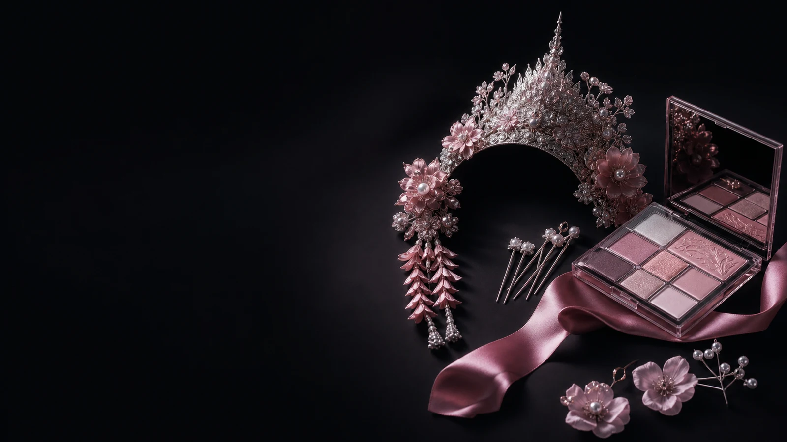 Bridal accessories and rose makeup palette on a black editorial background