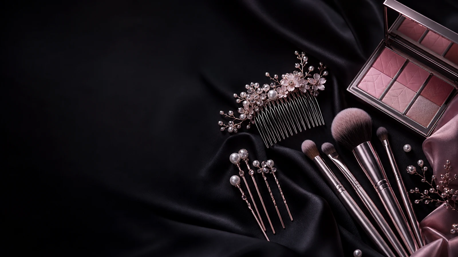 Hair comb, makeup brushes and rose palette on black silk