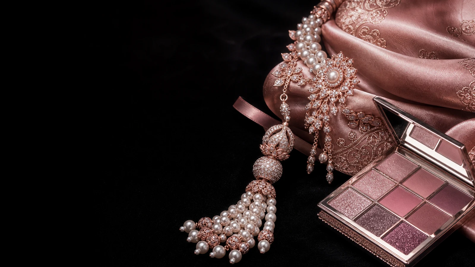 Thai bridal jewelry and rose makeup palette on black fabric