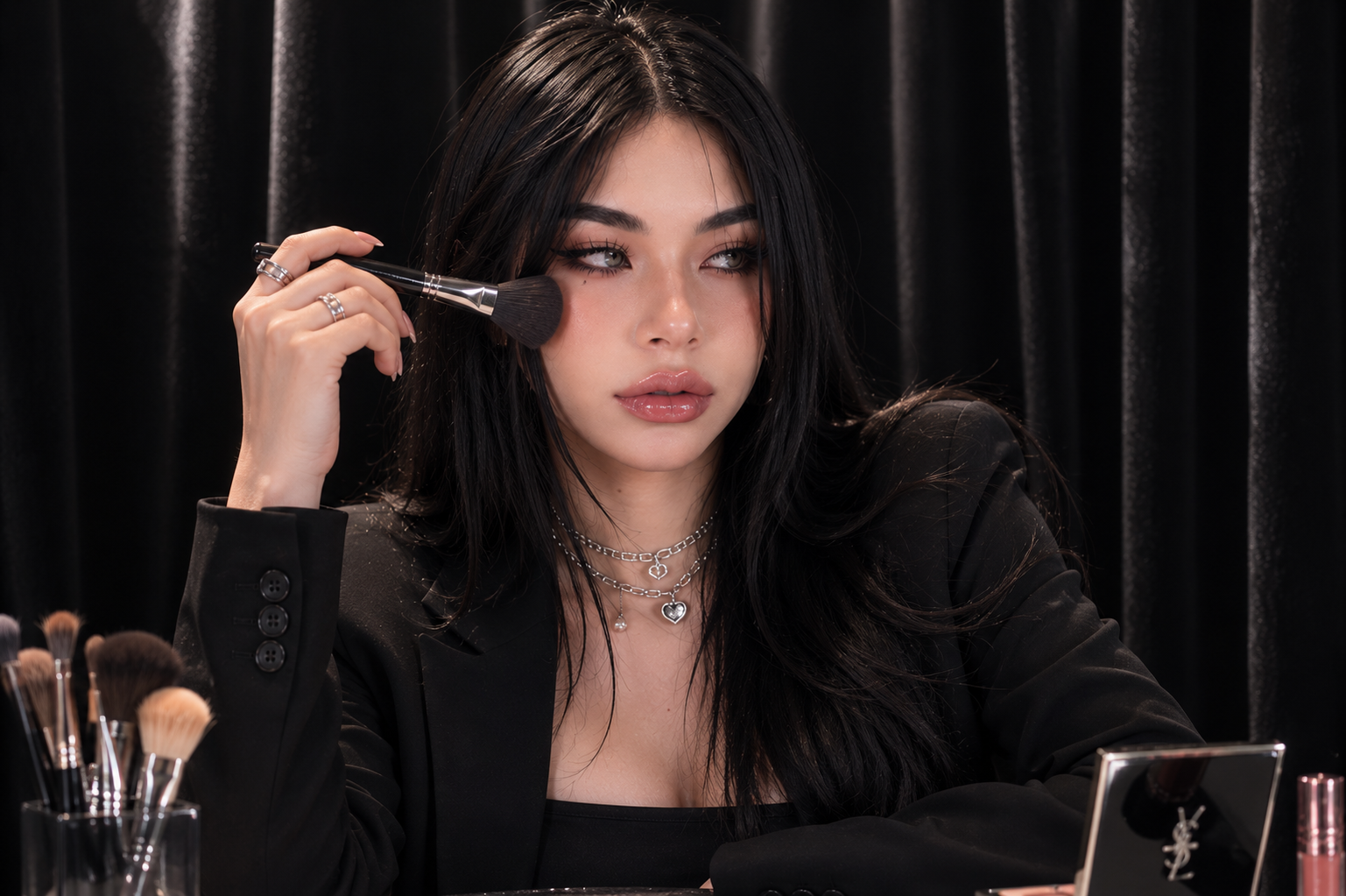 ช่างแต่งหน้าถือแปรงแต่งหน้าในสตูดิโอฉากดำสไตล์หรู